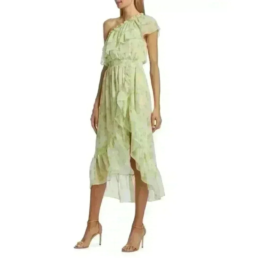 NWT MISA Los Angeles Rumi Asymmetric Hi low Floral Dress Honeydew Size S